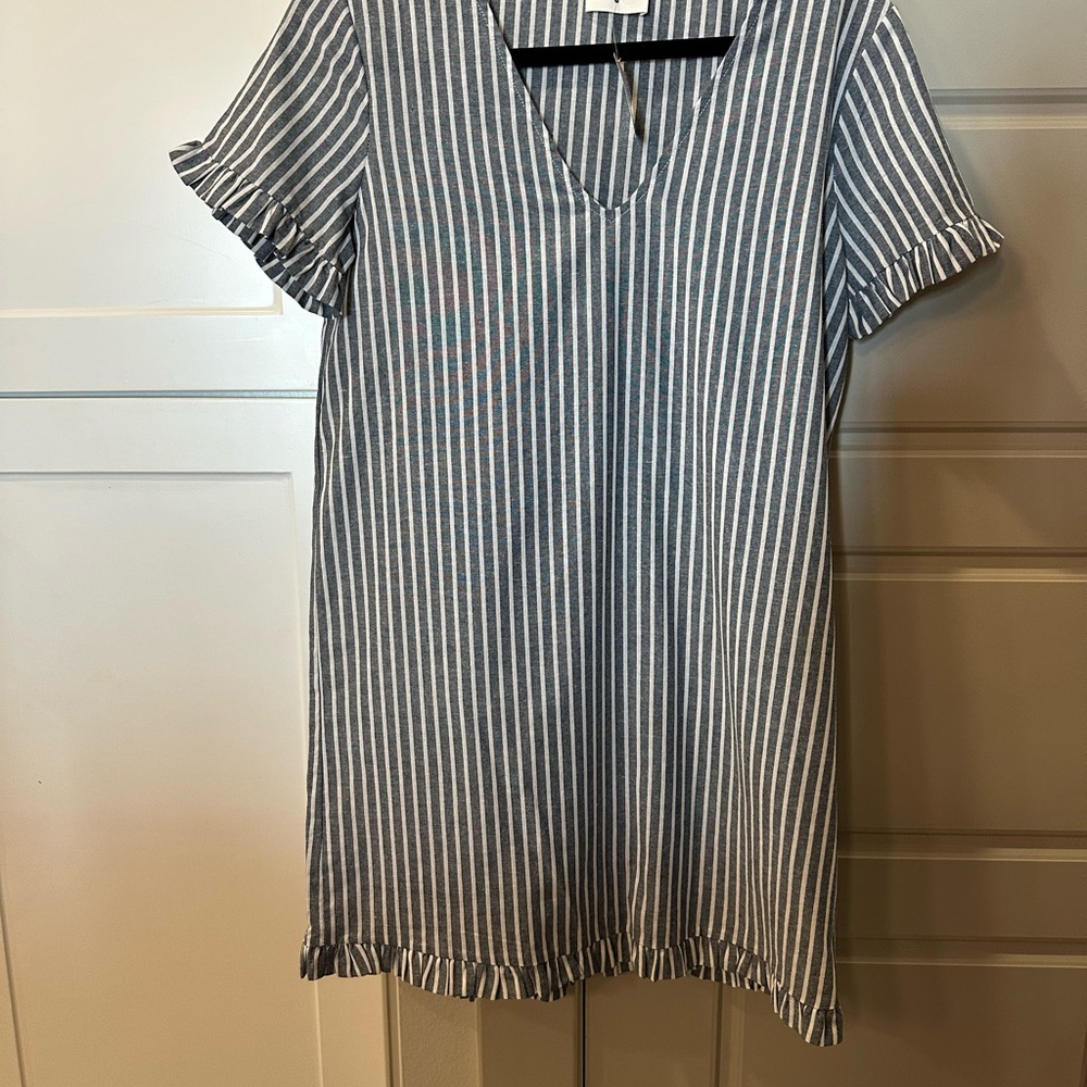 Striped V-Neck Dress with Ruffle Sleeves
